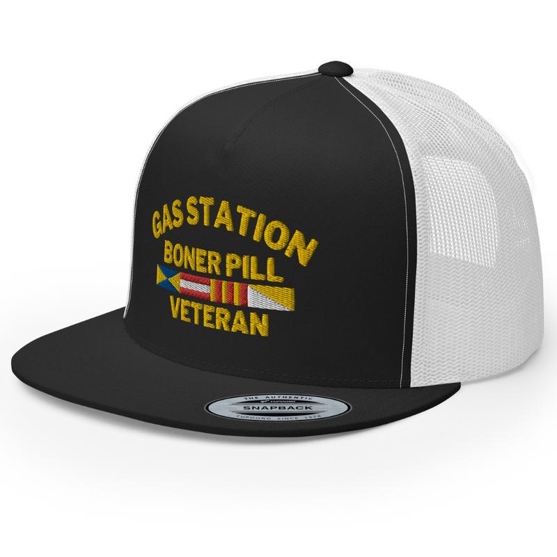 RIVEMUG NG Gas Station Bon*r Pill Veteran Embroidered Flat Bill Trucker Hat High Crown Adjustable Cap