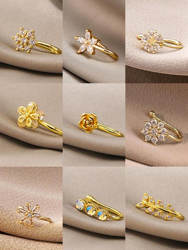 Fashion Flower Design Rhinestone Inlaid Decorative Nose Clip,  Elegant U-shaped Ear Matching Jewelry for Women