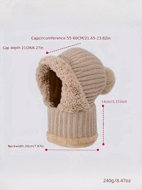 Women's Solid Color Multifunctional Knitted Hat with Pom Pom, Casual Soft Comfortable Warm Hat with Mask & Ear Cover, Windproof Warm Hat for Fall & Winter