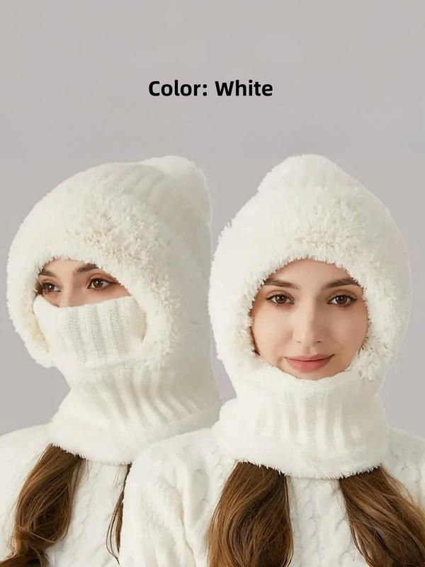 Women's Solid Color Multifunctional Knitted Hat with Pom Pom, Casual Soft Comfortable Warm Hat with Mask & Ear Cover, Windproof Warm Hat for Fall & Winter