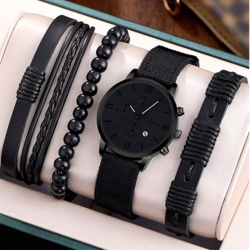 Men's Black Nylon Strap Casual Industrial Style Round Dial Calendar Pointer Quartz Watch And 3pcs Bracelets Set Watch For Men Giving Best Gift Sets