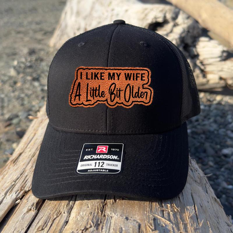 I Like My Wife A Little Bit Older Hat, I Like My Husband A Little Bit Younger Leather Patch For Trucker Hat And Beanie, Beanie Hat for Men & Women, Hat for Fall & Winter, Fashion Accessories for Cold Weather, Winter Hat, Beanie Gifts Christmas