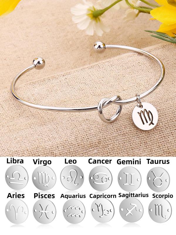 Fashion Stainless Steel Knot Decor 12 Constellation Theme Pendant Cuff Bangle, Casual All-match Jewelry for Girls Gift, Female Classic Fashion Accessories for Daily Wear