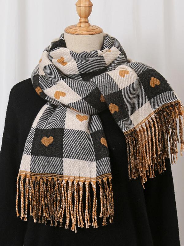 Women's Plaid & Heart Print Tassel Decor Scarf, Casual Soft Warm Thick Shawl for Fall & Winter, Fashion Accessories for Women & Girls