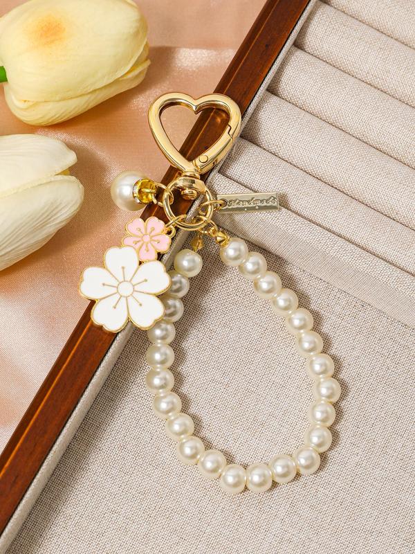 Faux Pearl Decorated Flower Design Keychain, 2024 New Style Cute Keychain for Women & Girls, Wristlet Keychain Accessories for Daily Back To School