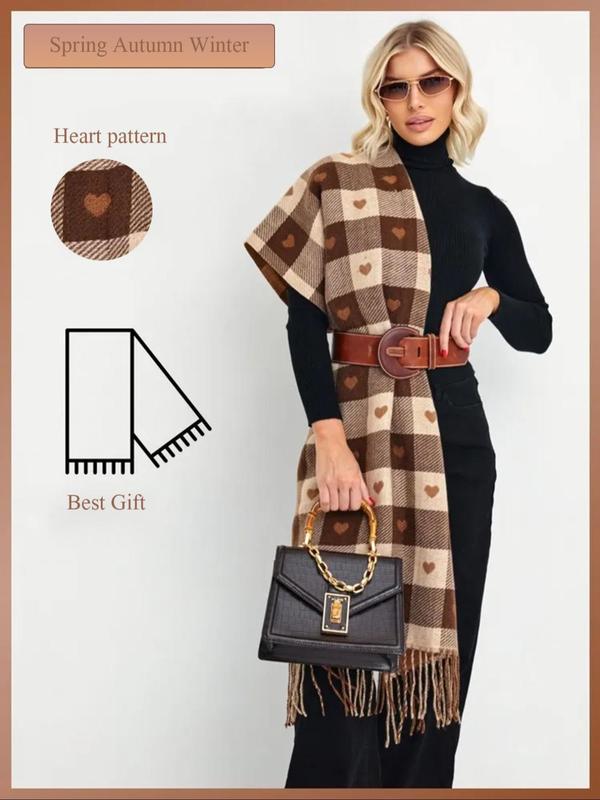 Women's Plaid & Heart Print Tassel Decor Scarf, Casual Soft Warm Thick Shawl for Fall & Winter, Fashion Accessories for Women & Girls