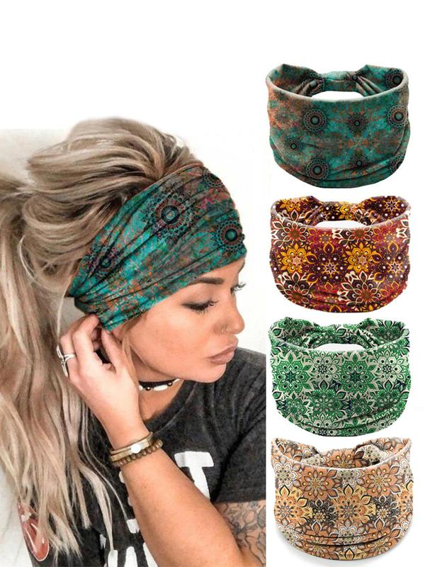 4 Counts Ethnic Floral Pattern Bow Decor Hair Band, Wide Band Headband, Sport Hair Band for Women