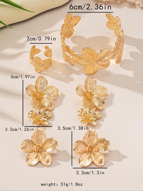 Women's Elegant Flower Design Jewelry Set, 1 Pair Stud Dangle Earrings 1 Count Open Bangle Bracelet Cuff Ring 1 Set Jewelry Set for Women, Trendy Vintage Jewelry Set for Gift