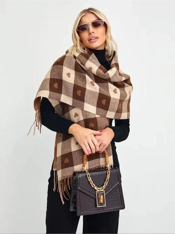 Women's Plaid & Heart Print Tassel Decor Scarf, Casual Soft Warm Thick Shawl for Fall & Winter, Fashion Accessories for Women & Girls