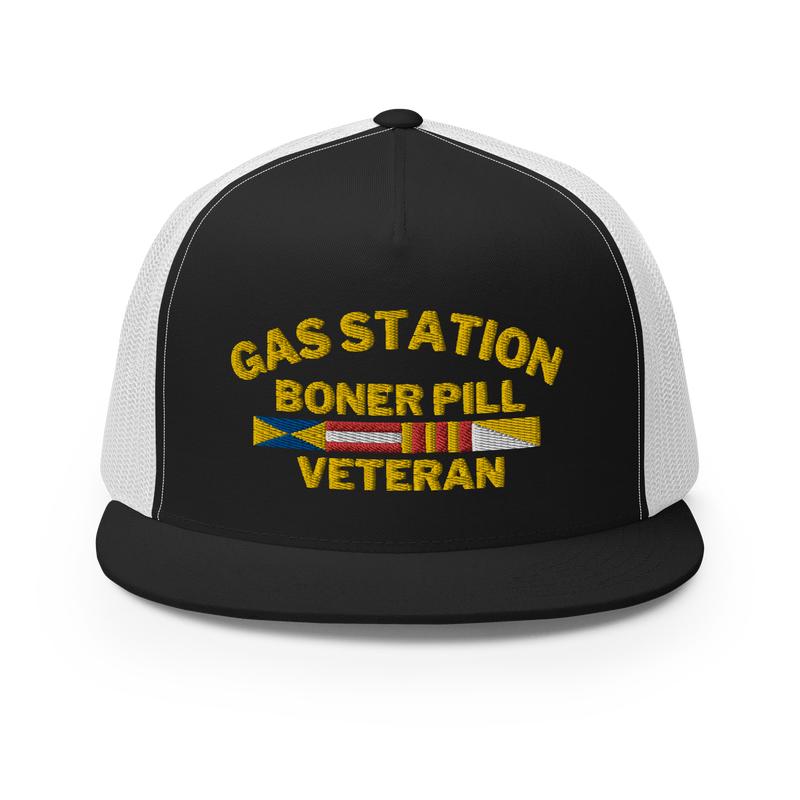 RIVEMUG NG Gas Station Bon*r Pill Veteran Embroidered Flat Bill Trucker Hat High Crown Adjustable Cap