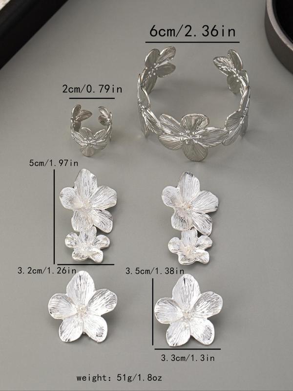 Women's Elegant Flower Design Jewelry Set, 1 Pair Stud Dangle Earrings 1 Count Open Bangle Bracelet Cuff Ring 1 Set Jewelry Set for Women, Trendy Vintage Jewelry Set for Gift