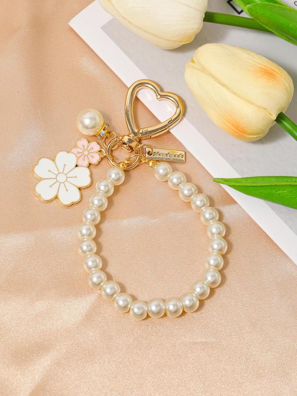 Faux Pearl Decorated Flower Design Keychain, 2024 New Style Cute Keychain for Women & Girls, Wristlet Keychain Accessories for Daily Back To School