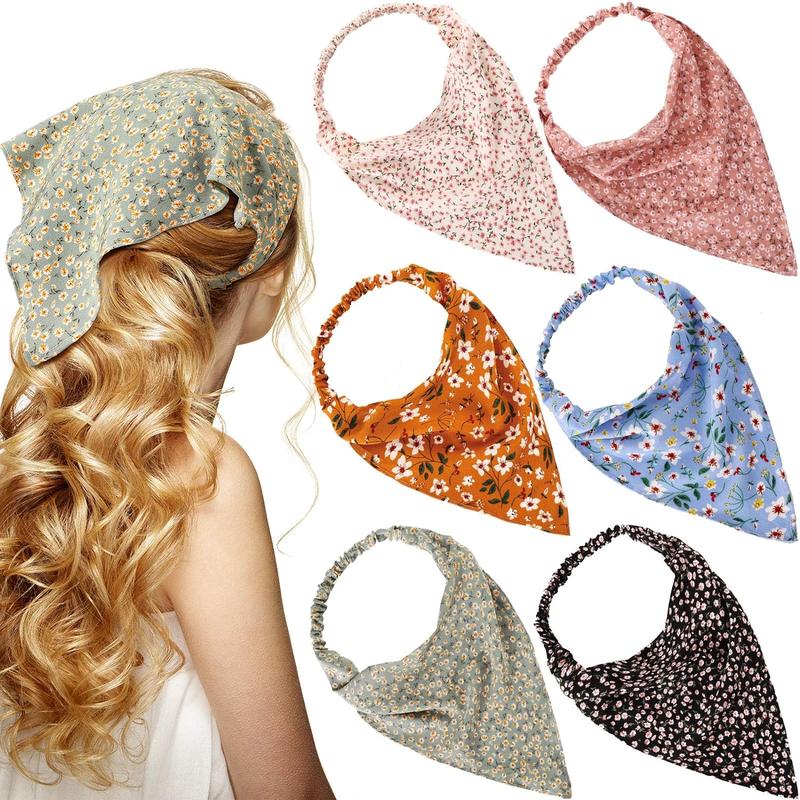 6 count Elastic Hair Scarf Headband Chiffon Head Kerchief Turban with Hair Clips for Women