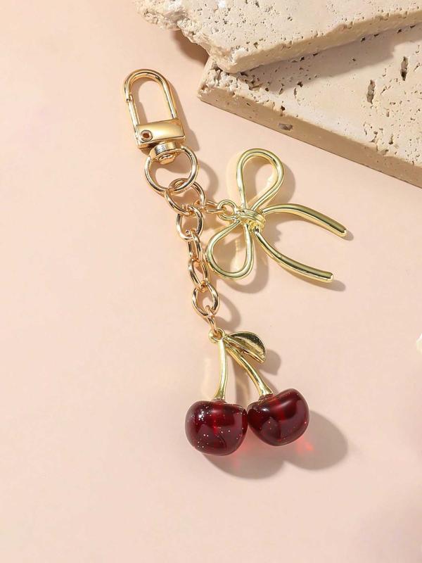 Cute Cherry & Bowknot Design Keychain, Fashionable Keychain for Women & Girls, Trendy All-match & Exquisite Keychain for Birthday Gift