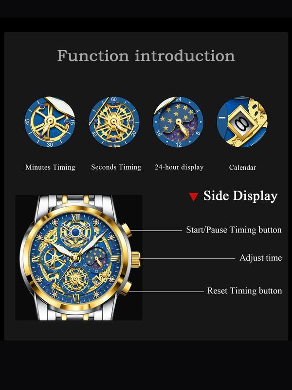 Men's Business Fashion Round Dial Quartz Watch, Fashion Waterproof Luminous Chronograph Date Quartz Watch, Stainless Steel Watch for Men with Box