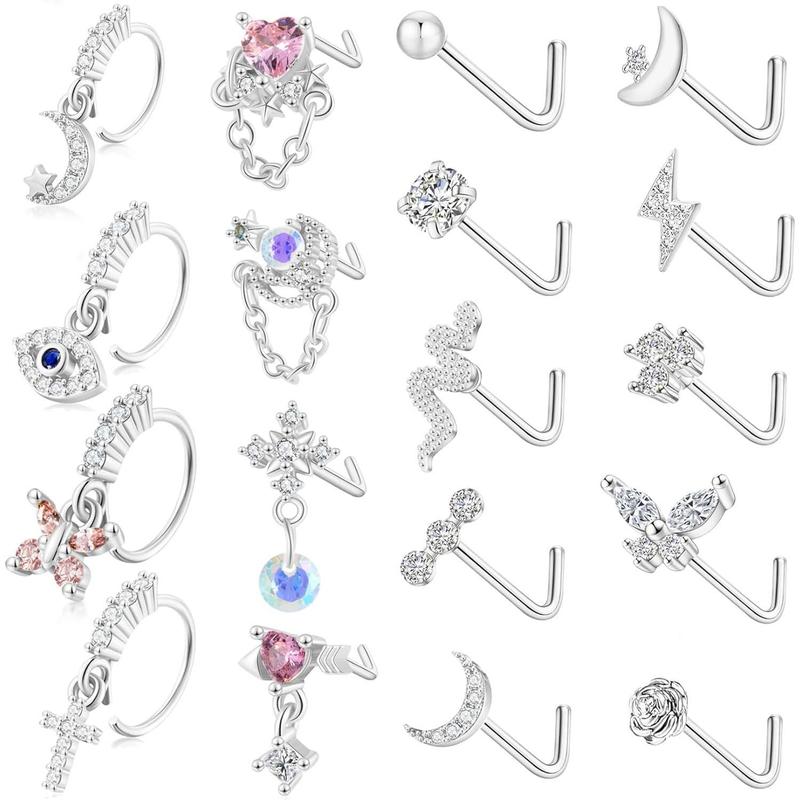 18Pcs 20G Dangle Nose Rings for Women - Cute Flower, Butterfly, Heart & Evil Eye Designs in Surgical Steel. Stylish Opal CZ Piercing Jewelry!