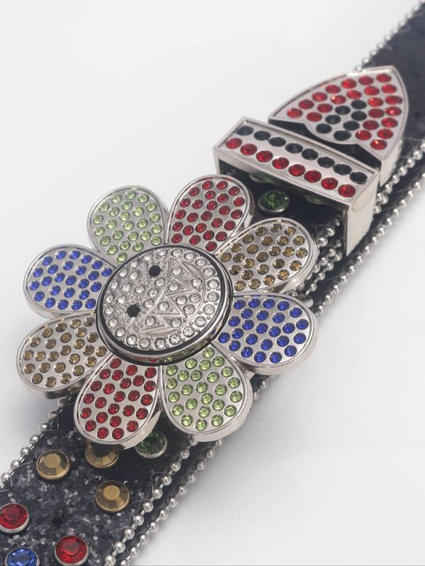 Rhinestone Decorated Flower Design Belt, Fashionable Punk Style Belt for Women & Men, Trendy All-match & Exquisite Belt for Birthday Gift