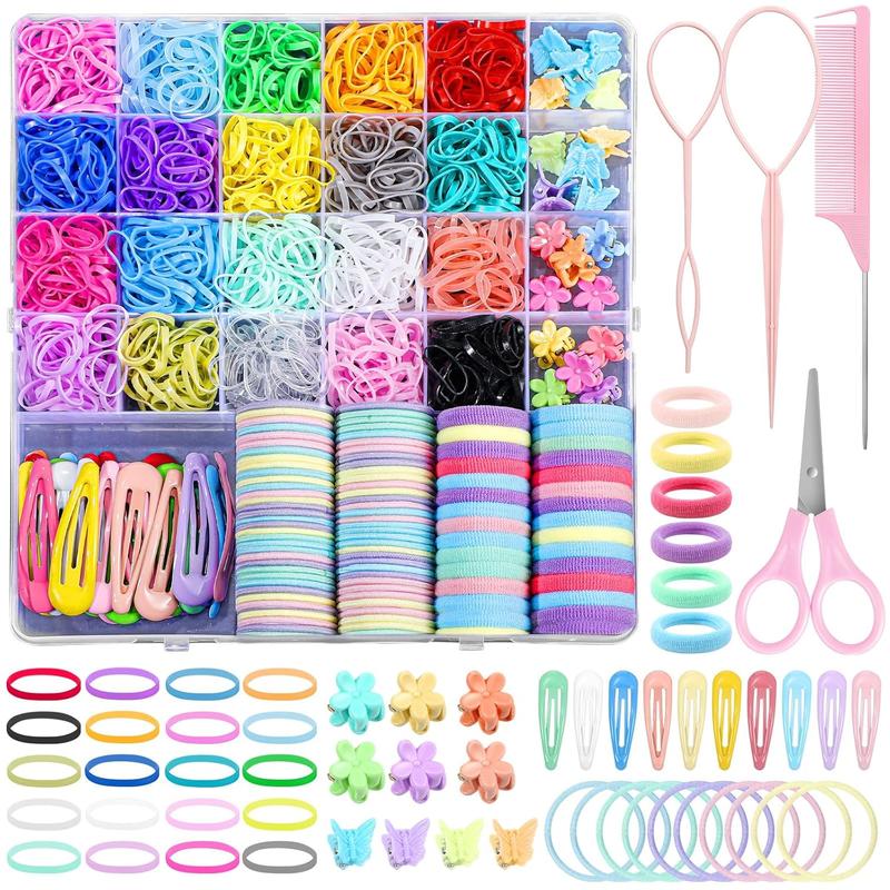 Hair Accessories for Girl, 1543 count Elastic Hair Rubber Bands Set 20 Colors Elastic Hair Ties with Organizer Box Cotton  Hair Ties, Hair Tail Tools, Rat Tail Comb, Butterfly Hair Clips