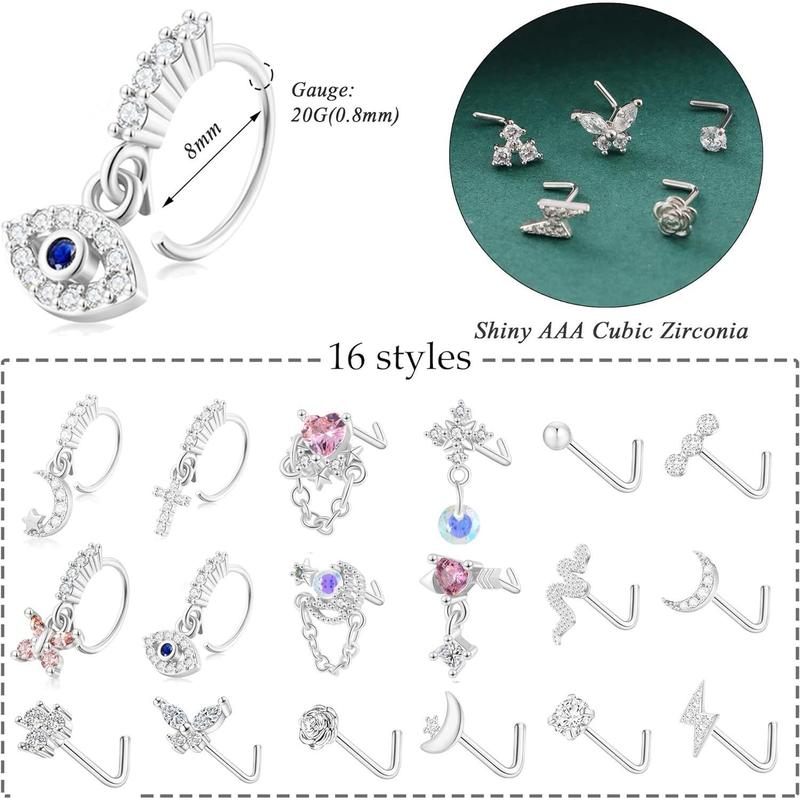 18Pcs 20G Dangle Nose Rings for Women - Cute Flower, Butterfly, Heart & Evil Eye Designs in Surgical Steel. Stylish Opal CZ Piercing Jewelry!