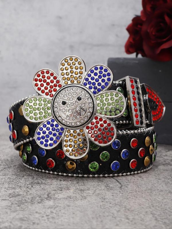 Rhinestone Decorated Flower Design Belt, Fashionable Punk Style Belt for Women & Men, Trendy All-match & Exquisite Belt for Birthday Gift