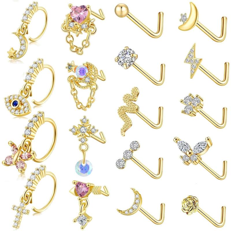 18Pcs 20G Dangle Nose Rings for Women - Cute Flower, Butterfly, Heart & Evil Eye Designs in Surgical Steel. Stylish Opal CZ Piercing Jewelry!