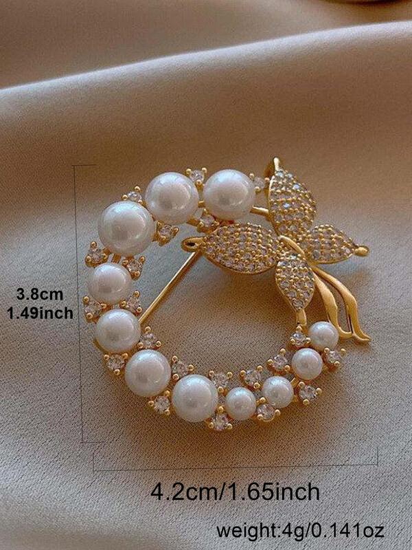 Elegant Faux Pearl & Rhinestone Decorated Butterfly Design Brooch Pin, Clothes Accessories for Women, Perfect Accessory for Fixed Clothes and Corsages