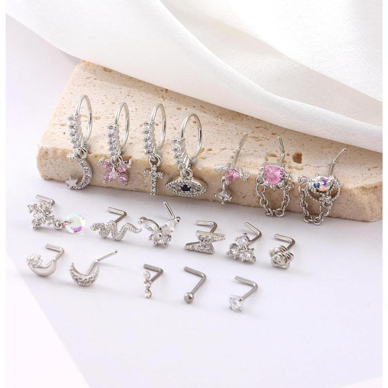 18Pcs 20G Dangle Nose Rings for Women - Cute Flower, Butterfly, Heart & Evil Eye Designs in Surgical Steel. Stylish Opal CZ Piercing Jewelry!