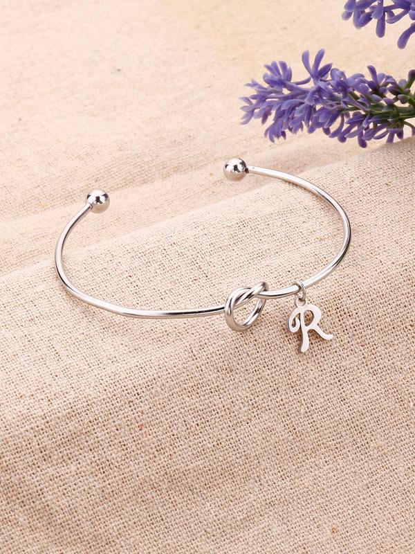 26 Letter Charm Knotted Design Cuff Bracelet, Trendy Fashion Stainless Steel Jewelry Accessories for Men and Women, Creative Party Holiday Gift for Her