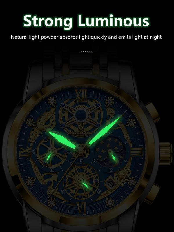 Men's Business Fashion Round Dial Quartz Watch, Fashion Waterproof Luminous Chronograph Date Quartz Watch, Stainless Steel Watch for Men with Box