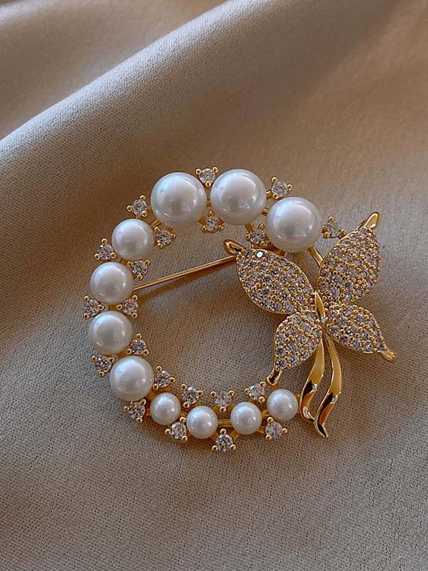 Elegant Faux Pearl & Rhinestone Decorated Butterfly Design Brooch Pin, Clothes Accessories for Women, Perfect Accessory for Fixed Clothes and Corsages