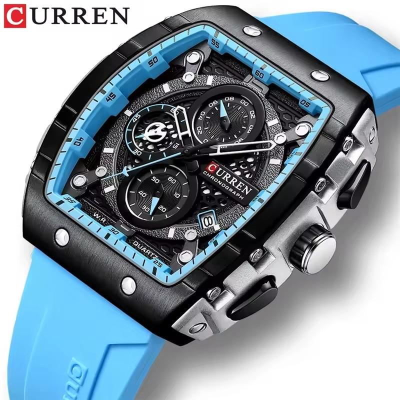 CURREN 8442 Quartz Man WristWatch Tonneau Waterproof Chronograph Men Watch Silicone Sport Male Clock Auto Date Relogio Masculino