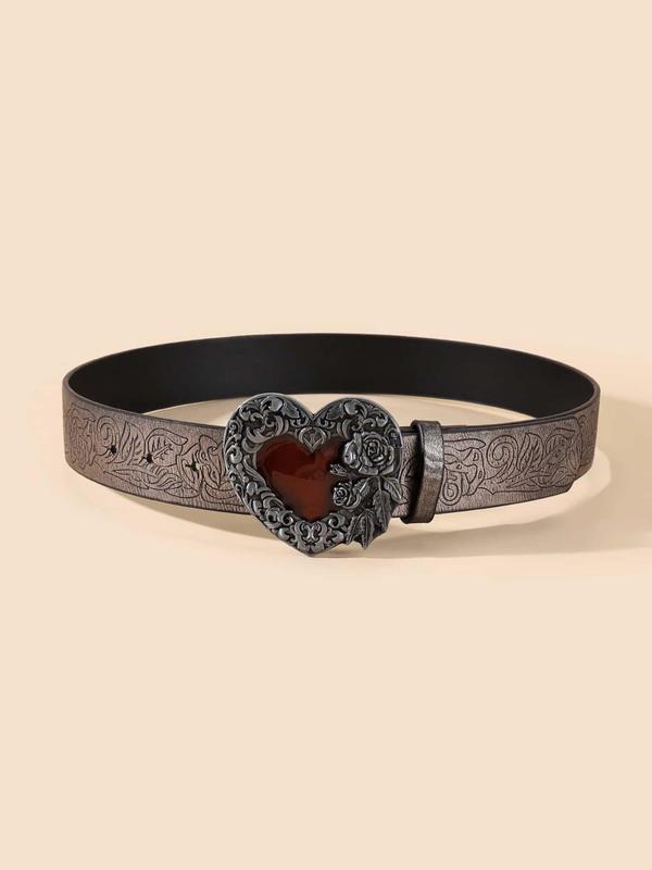 Women's Artificial Gemstone Decor Heart Shaped Buckle y2k Belt, vintage retro Fashion PU Leather Waistband for Casual Jeans, cowgirl style trendy hippie accessories