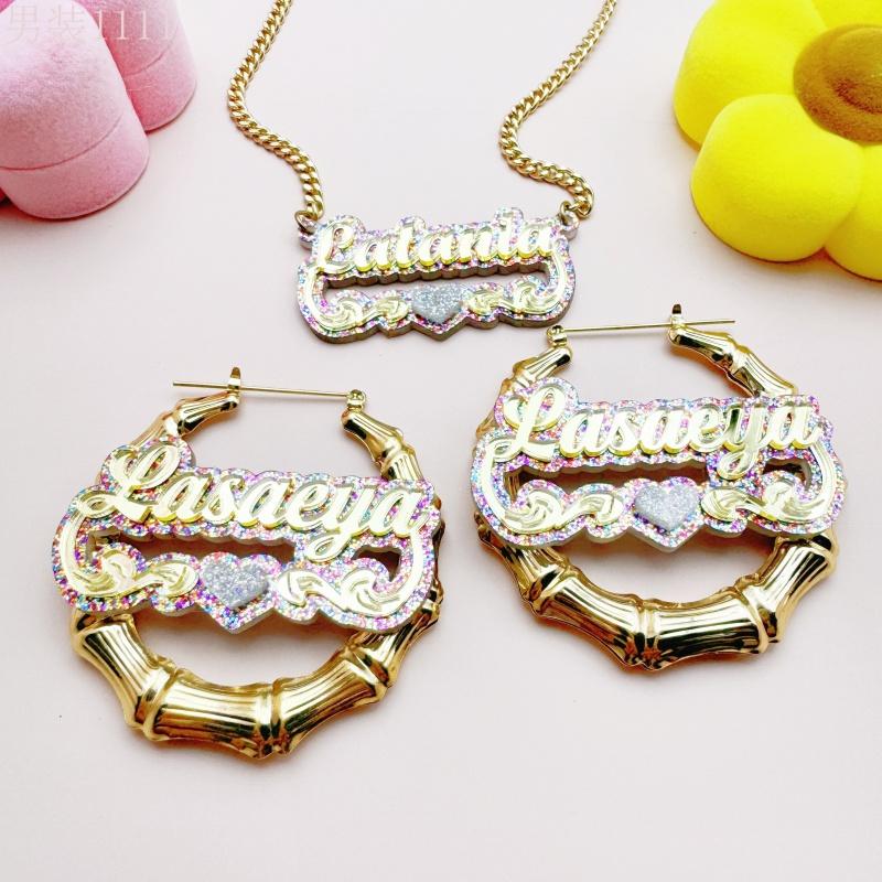 2pcs set of personalized acrylic name sets with glitter love Y2K cute DIY creative customizable English letter double-layer plaque necklace earring jewelry set suitable for all seasons Women's birthday gift