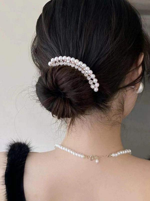 Women's Elegant Trendy Faux Pearl & Rhinestones Decorated Hair Pin, Graceful Exquisite Hair Pin For Party & Daily Use