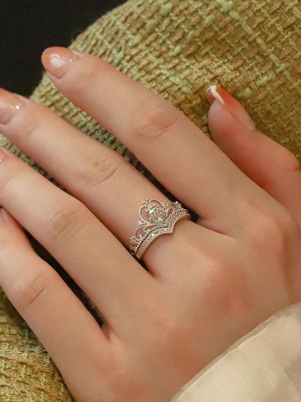 Proposal 2pcs set Minimalist Elegant Plain Rhinestone Decor Crown Design Engagement Rings, Fashion Wishbone Ring Matching Rings Accessories for Women & Girls