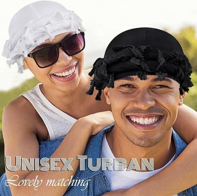 2 Packs Premium Adjustable Satin Lined Halo Turban - Stylish Twisted Tassel Head Wraps for Men and Women Versatile Turban Durag for All Hair Types