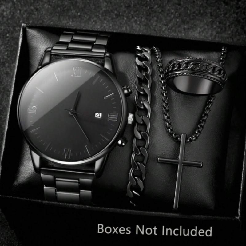 Fashionable 4pcs Men's Quartz Watch Set With Calendar Function - Non-Waterproof Black Zinc Alloy Case & Bracelet, Round Dial, Electronic Drive