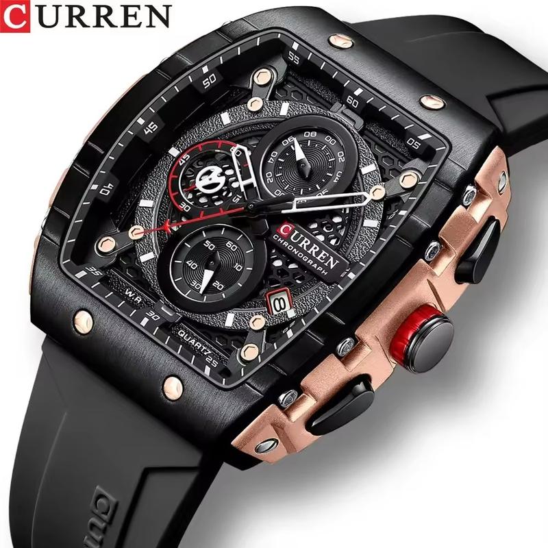 CURREN 8442 Quartz Man WristWatch Tonneau Waterproof Chronograph Men Watch Silicone Sport Male Clock Auto Date Relogio Masculino