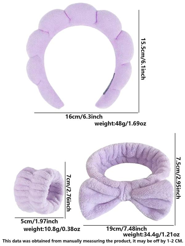 Solid Color Face Washing Set, Including Hair Hoop, Bow Decor Hair Band, Wrist Band, Sweet and Cute Hair Accessories Suitable for Face Washing