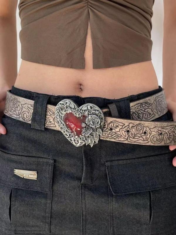 Women's Artificial Gemstone Decor Heart Shaped Buckle y2k Belt, vintage retro Fashion PU Leather Waistband for Casual Jeans, cowgirl style trendy hippie accessories