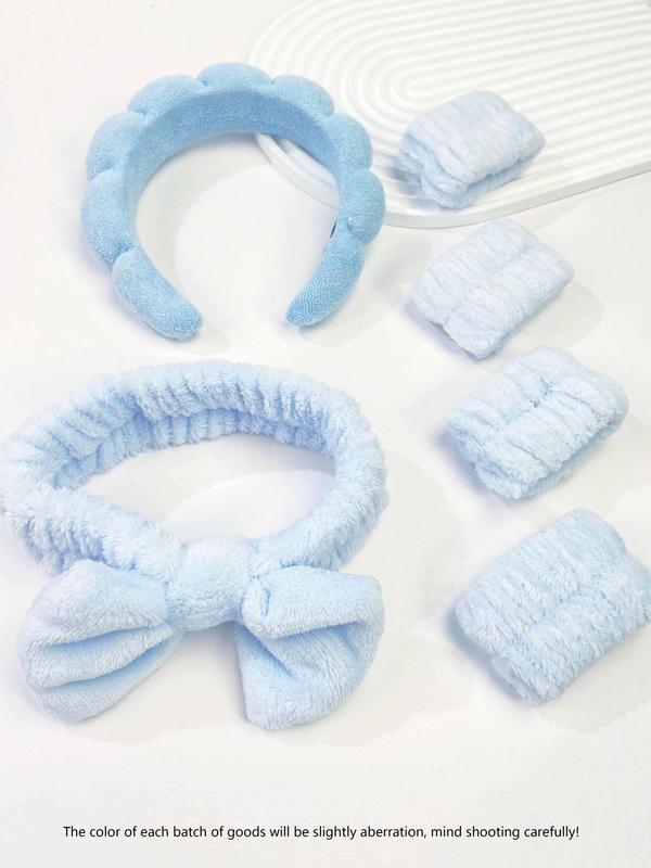 Solid Color Face Washing Set, Including Hair Hoop, Bow Decor Hair Band, Wrist Band, Sweet and Cute Hair Accessories Suitable for Face Washing