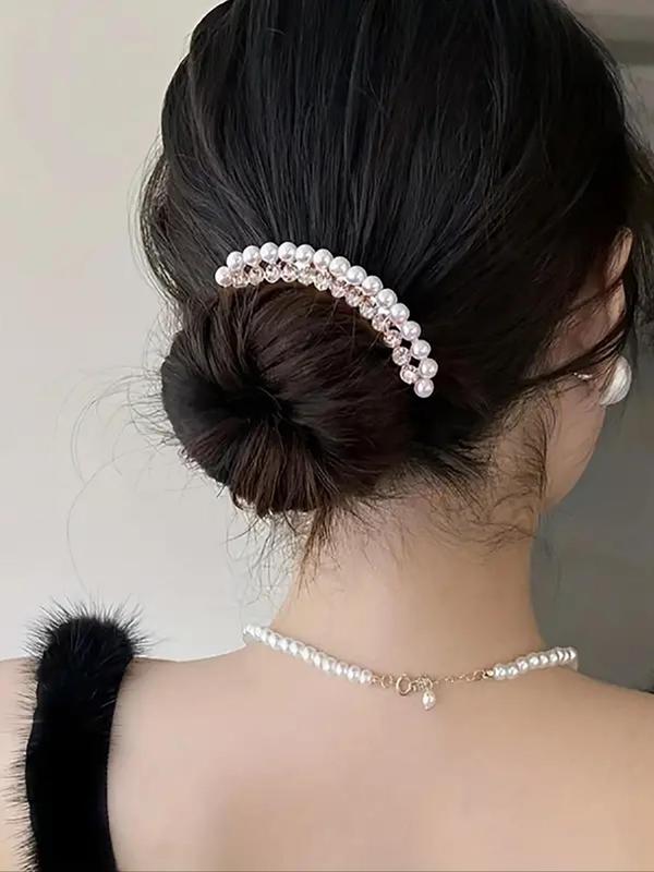 Women's Elegant Trendy Faux Pearl & Rhinestones Decorated Hair Pin, Graceful Exquisite Hair Pin For Party & Daily Use