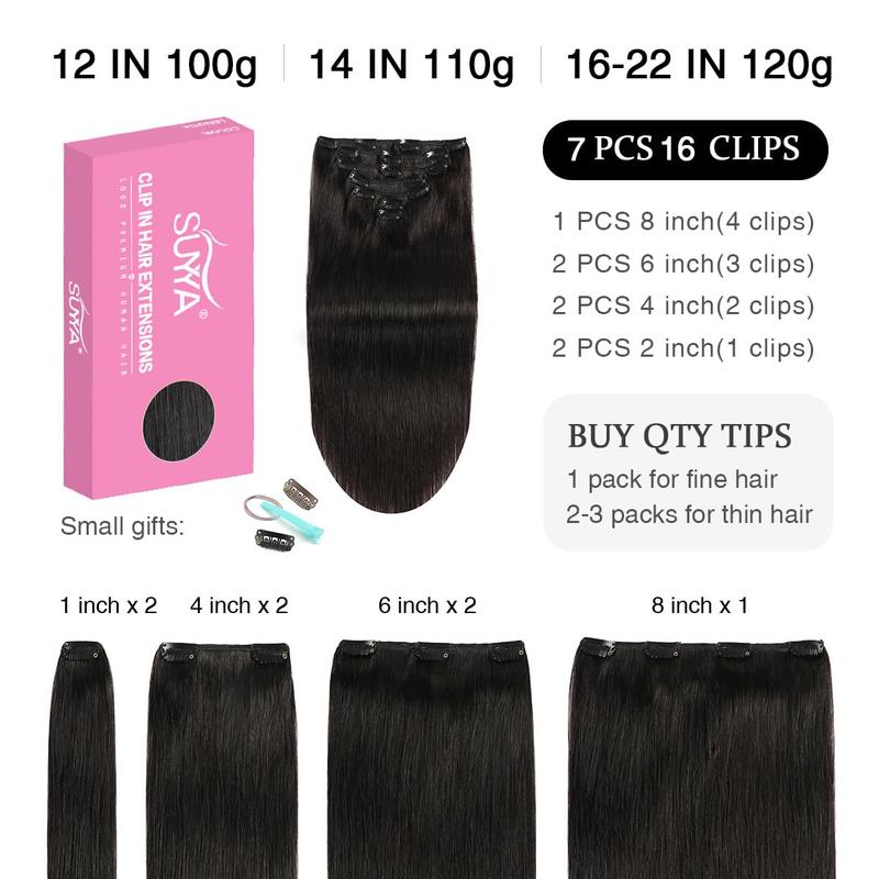 SUYYA Hair Extensions Clip in Human Hair Natural Straight 7 pieces per pack