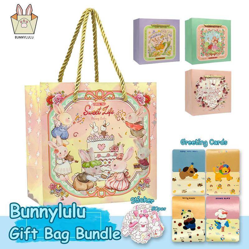 BunnyLulu x Holiday Bundle -  White & Brown Bunny PomPom Keychain with 4 Eco Friendly Gift Bags, Christmas Gift Packing