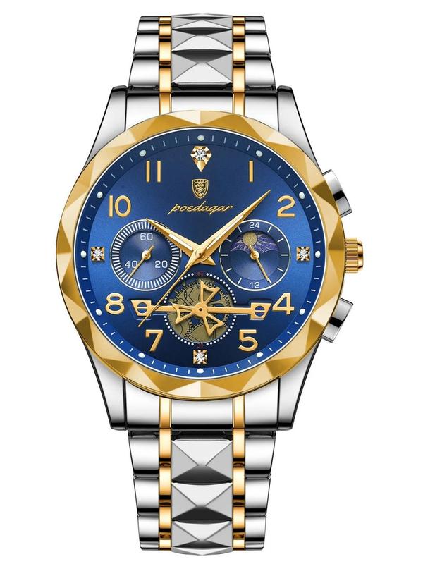 Men's Business Fashion Rhinestone Decorated Analog Quartz Watch, Fashion Waterproof Luminous Chronograph Watch for Party, Daily Clothing Decor, Trendy All-match & Exquisite Watch for Birthday Gift with Box