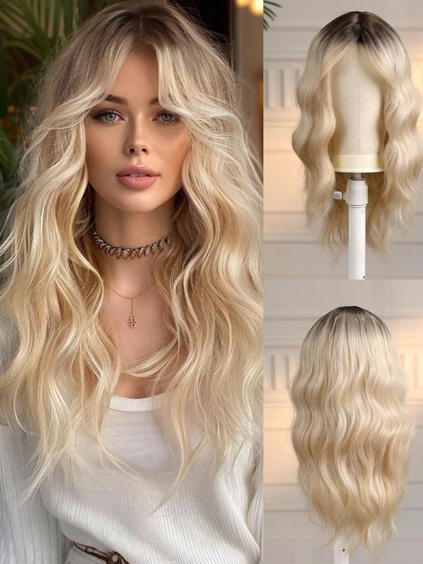 26 Inch Long Blonde Highlight Wavy Wigs for Women, Gorgeous Fluffy Wigs with Curtain Bangs, Synthetic Full Machine Wigs for Party, Daily Use