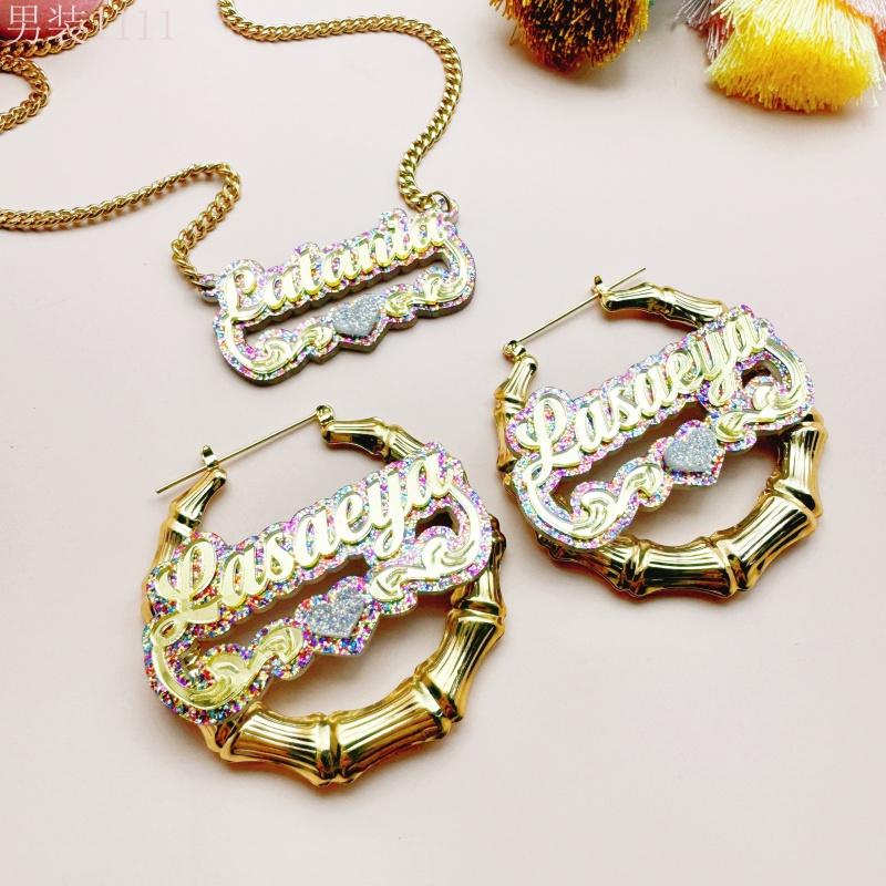 2pcs set of personalized acrylic name sets with glitter love Y2K cute DIY creative customizable English letter double-layer plaque necklace earring jewelry set suitable for all seasons Women's birthday gift