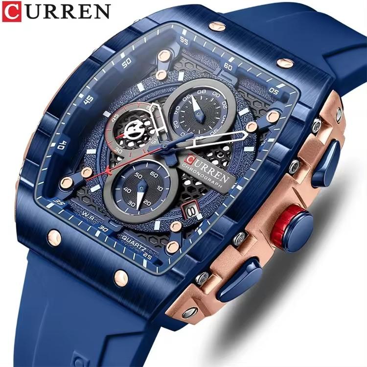 CURREN 8442 Quartz Man WristWatch Tonneau Waterproof Chronograph Men Watch Silicone Sport Male Clock Auto Date Relogio Masculino