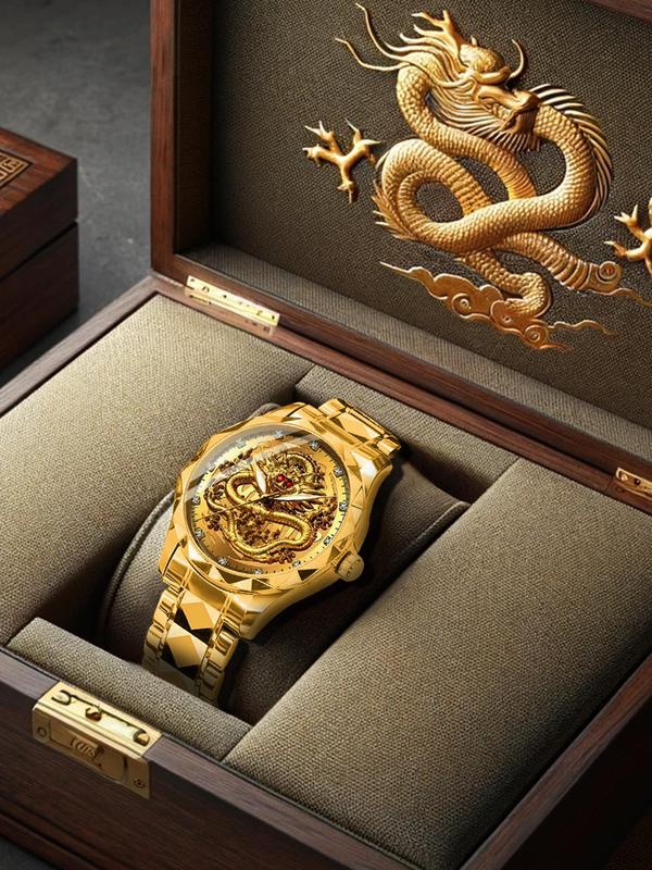 Men's Business Rhinestone Decorated Dragon Totem Watch with Box,  Fashion Watch for Party, Daily Clothing Decor, Minimalist Aesthetic Watch Gift