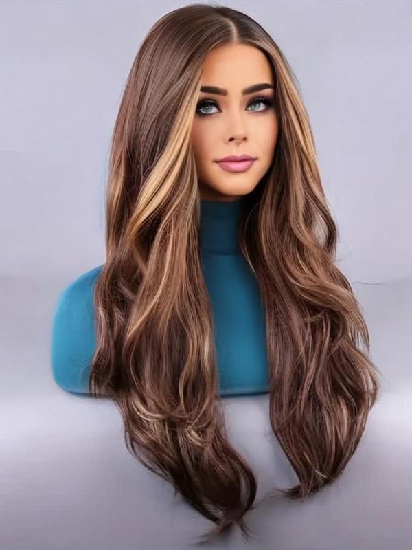 26 Inch Mixed Brown Highlights Long Wavy Wigs for Women, Natural Fluffy Wigs without Bangs, Heat Resistant Fiber Synthetic Wigs for Party, Daily Hairstyle Ideas